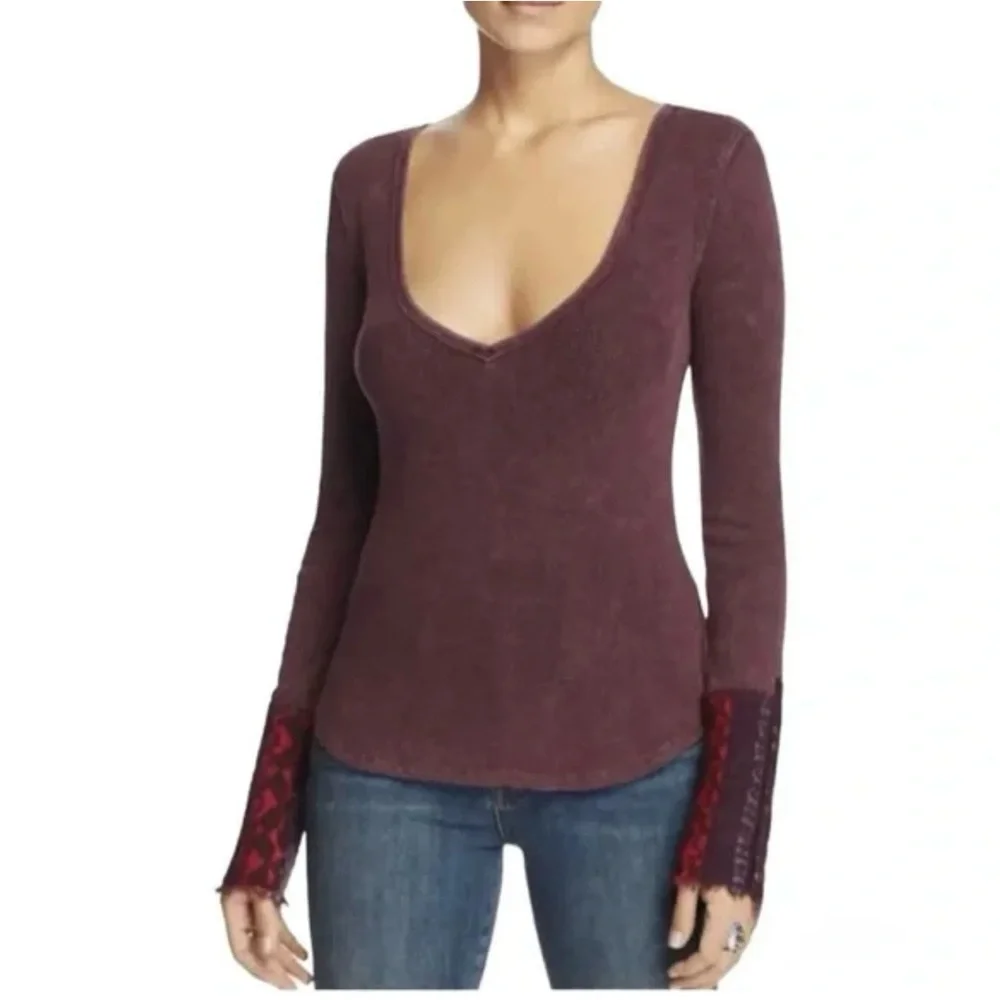 Free People Burgundy V-Neck Ribbed Long Sleeve Top with Red Lace Cuffs
